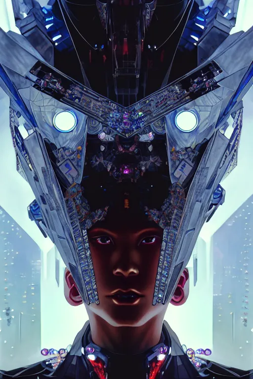 Prompt: akira from chinese mythology, hi - tech luciferian synthetic, gorgeous and huge head ornaments, dystopian, cyberpunk, mecha, halfturn portrait of a big crystal face made of crystals half - turn, ominous, intricate, studio, art by anthony macbain + greg rutkowski + alphonse mucha, concept art, 4 k, sharp focus