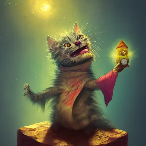 Prompt: wizard is laughing at a small cat, dynamic pose, chromatic aberration, medium level shot, comedy, fantasy, illustration, concept art,