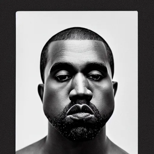 Image similar to a chiaroscuro lighting portrait of kanye west dressed as rick owens, black background, portrait by julia margaret cameron, shallow depth of field, 8 0 mm, f 1. 8