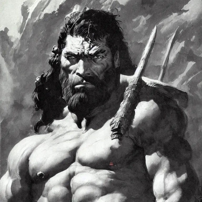 Image similar to closeup portrait of a barbarian by frank frazetta, head facing directly front on