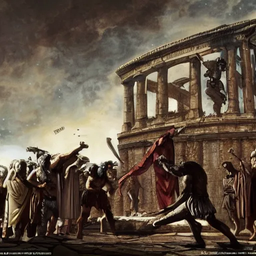 Prompt: the assassination of julius caesar as planet of the apes concept art, highly detailed