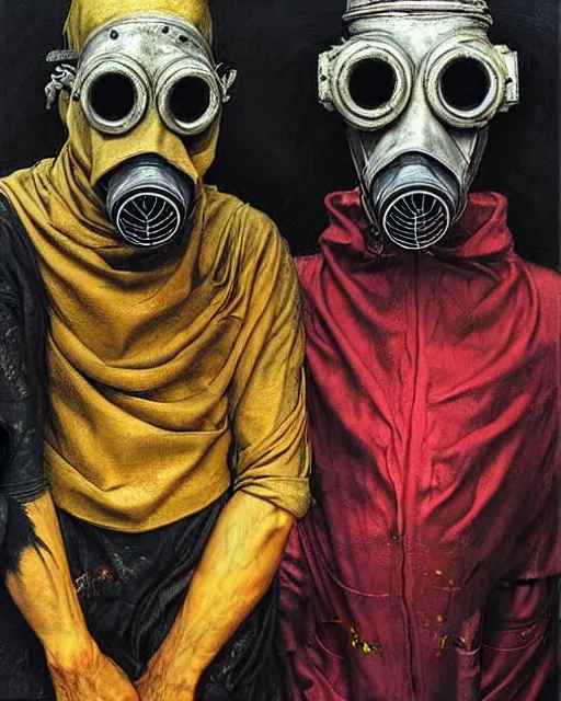 Prompt: two plague doctors, wearing gas masks, cinematic, dystopian, eerie, horror, gothic, draped in gold, black and red, highly detailed painting by !!!Jenny Saville!!!, Esao Andrews, (((Francis Bacon))), Edward Hopper, surrealism, art by Takato Yamamoto and James Jean