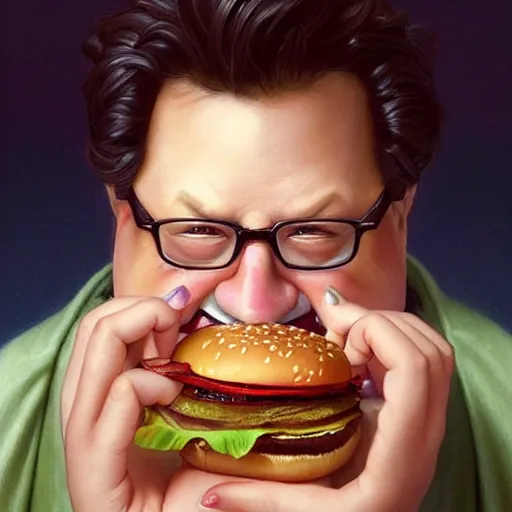 Prompt: portrait of wayne knight eating hamburgers, extra onions and ketchup, luscious patty with sesame seeds, feminine ethereal, handsome, d & d, fantasy, intricate, elegant, highly detailed, digital painting, artstation, concept art, matte, sharp focus, illustration, art by artgerm and greg rutkowski and alphonse mucha