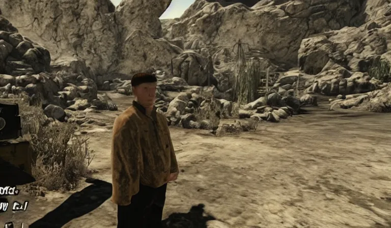 Image similar to Yung Lean in a cutscene from Fallout New Vegas, wide shot, low angle, screenshot