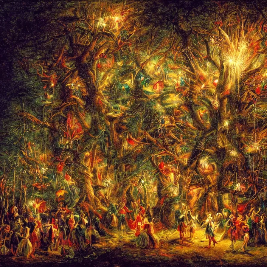 Image similar to closeup of a night carnival inside a tree cavity in a magical forest in the middle of a summer storm, with a music scenario with many fireworks and christmas lights, volumetric lightning, instense god rays in the sky, folklore people disguised with fantastic creatures in a magical forest by summer night, masterpiece painted by fernand toussaint, very coherent and colorful high contrast masterpiece,