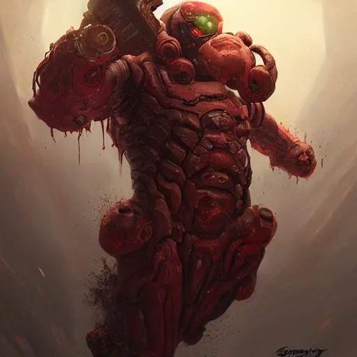 Prompt: doom eternal, mutant, tubes fused with the body, front view, painted by stanley lau, painted by greg rutkowski, painted by stanley, artgerm, masterpiece, digital art, trending on arts