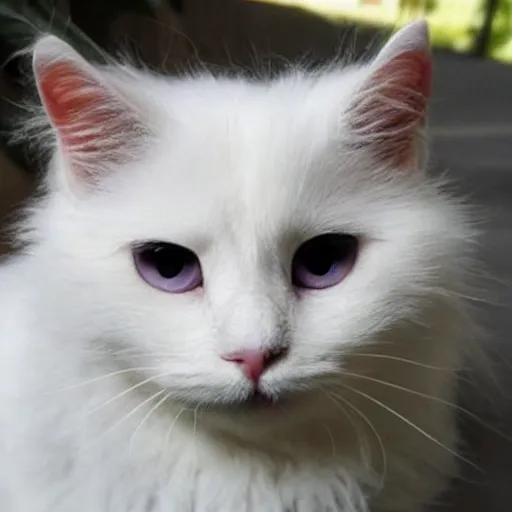 Image similar to cute white fluffy cat, large eyes, eats owner