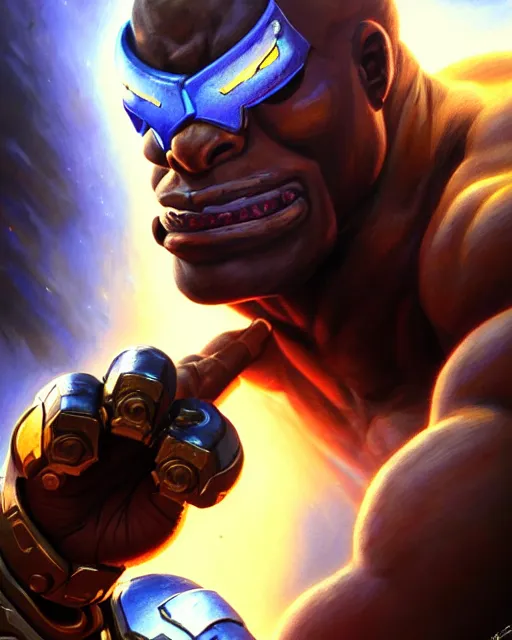 Prompt: doomfist from overwatch, ripped, buff, strong, fantasy, fantasy art, character portrait, portrait, close up, highly detailed, intricate detail, amazing detail, sharp focus, vintage fantasy art, vintage sci - fi art, radiant light, caustics, by boris vallejo