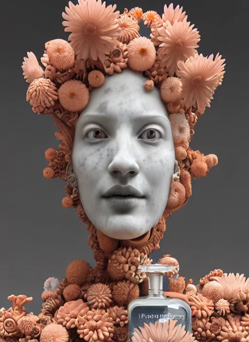 Image similar to portrait of an absurdly beautiful marble statue made of biomechanical corals, daisies, well contoured smooth fair walls, carrying a bottle of perfume, up close shot, sharp focus, global illumination, radiant light, alexandre ferra white mecha, irakli nadar, octane highly render, 4 k, ultra hd,