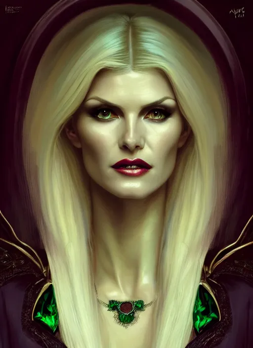 Prompt: portrait of victoria silvstedt as a sultry vampire lady, jewelry, greek, emerald, intricate, headshot, highly detailed, digital painting, artstation, concept art, sharp focus, cinematic lighting, illustration, art by artgerm and greg rutkowski, alphonse mucha, cgsociety