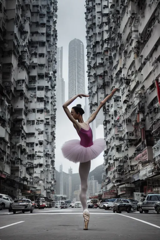 Prompt: a dynamic photograph of a ballet dancer in a dystopic Hong Kong street. Realism.