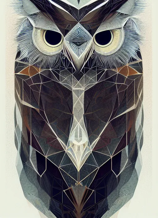 Image similar to portrait of a geometric owl, identical eyes, medium shot, illustration, full body made of white feathers, symmetrical, art stand, super detailed, cinematic lighting, and its detailed and intricate, gorgeous, by peter mohrbacher