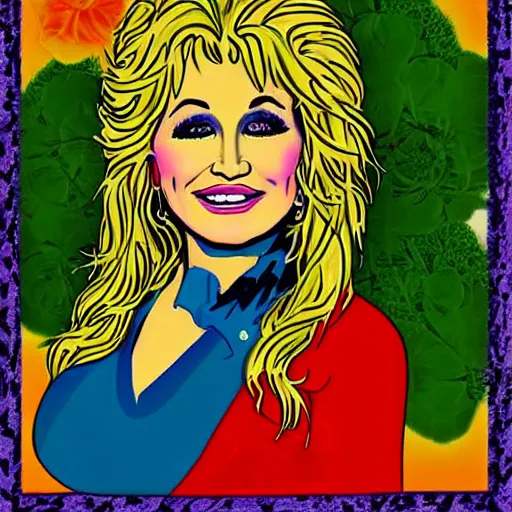Prompt: young Dolly Parton portrait, graphic design poster, 70s, flower child, hippie, psychedelic