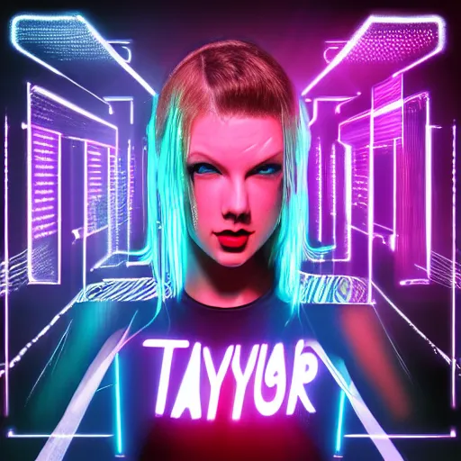 Image similar to a cyberpunk style album cover for a Taylor Swift electro pop album