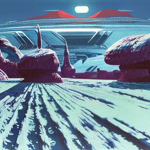 Prompt: Grassy field on an alien frozen planet, cinematic perspective, by Syd Mead, John Harris, Federico Pelat