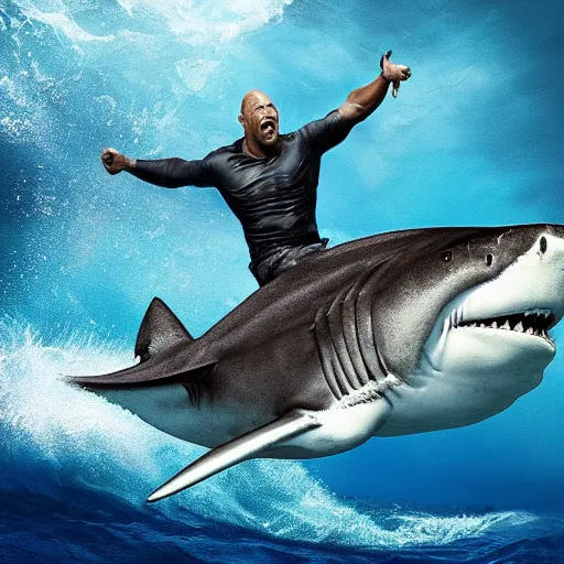 Image similar to photo of Dwayne Johnson yelling and riding a shark in the middle of the ocean, full shot, highly detailed face