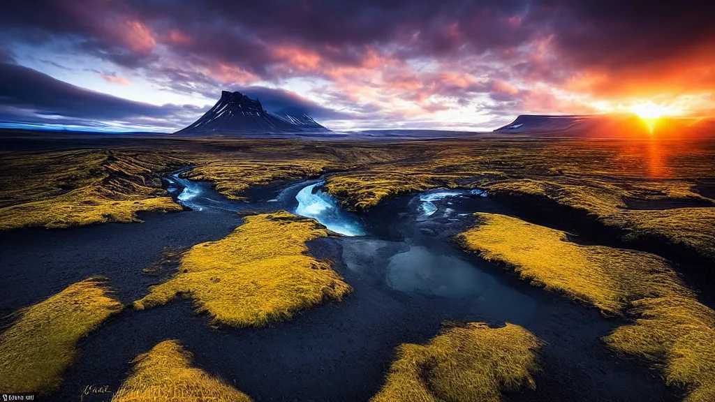 Image similar to amazing landscape photo of iceland in sunset by marc adamus, beautiful dramatic lighting