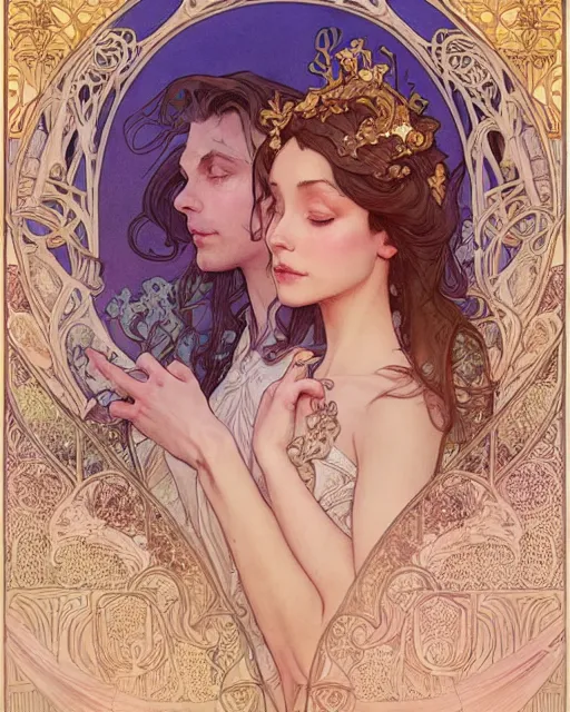 Image similar to a couple, highly detailed, very intricate, art nouveau, gold filigree, romantic storybook fantasy, soft cinematic lighting, award - winning, disney concept art watercolor illustration by mandy jurgens and alphonse mucha and alena aenami, pastel color palette, featured on artstation