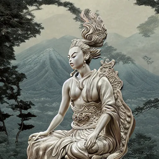 Image similar to marble statue of azula meditating in a rococo japanese garden, accurate details, detailed full body, dramatic, intricate, elegant, highly detailed, digital painting, artstation, concept art, sharp focus, illustration, art by gustave dore