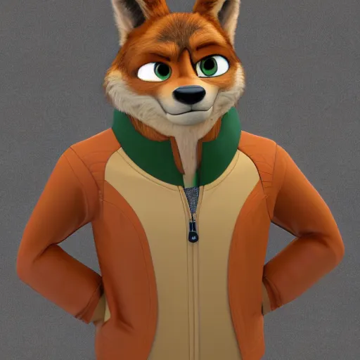 Prompt: portrait, 3 d render, anthropomorphic coyote male, wearing along brown leather jacket, in the style of zootopia, centered on face