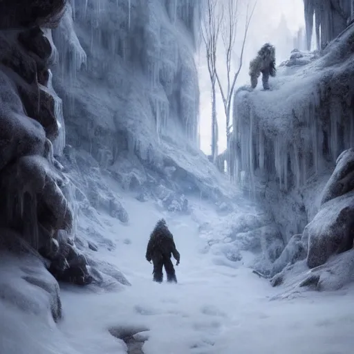 Prompt: an bigfoot walking through in ice cave in skyrim, atmospheric, volumetric lighting, winter, overcast, soft painting by greg rutkowski