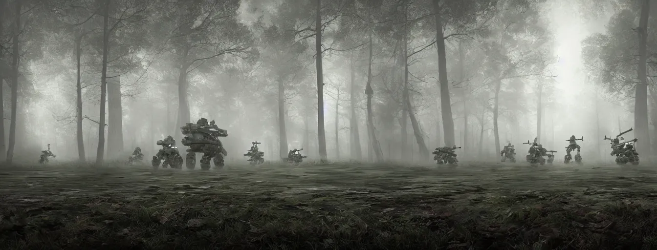 Image similar to imagination of robots army hunting humans in dark foggy old forest in the night, postapo, dystopia style, heavy rain, reflections, high detail, dramatic moment, motion blur, dense ground fog, dark atmosphere, saturated colors, by darek zabrocki, render in unreal engine - h 7 0 4