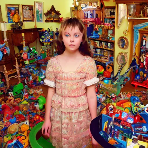 Image similar to young lady in baroque dresses, standing in the middle of the room full of toys. Keith Giffen