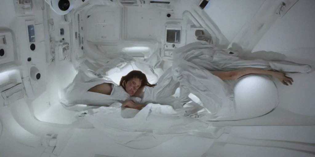 Image similar to a wide shot of Ripley sleeping inside an all-white room of cryogenic sleep chambers by Ridley Scott, Alien movie, grainy, bluish and cream tones