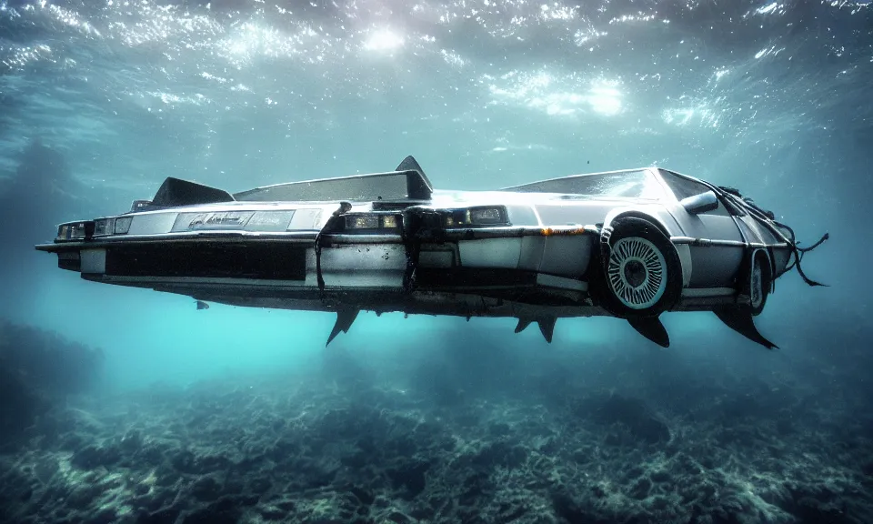 Prompt: photo of a delorean swimming underwater with sharks