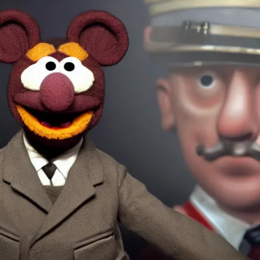 Image similar to A still of Adolf Hitler as a smiling muppet, 4k, photoreal, photograph, highly detailed, epic lighting, award winning