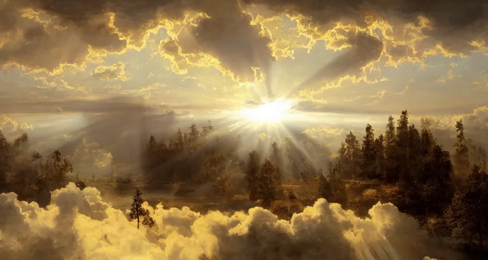 Image similar to heaven and angels!!!!! floating!! on clouds god rays, by eugene von guerard, ivan shishkin, trending on artstation, 8 k