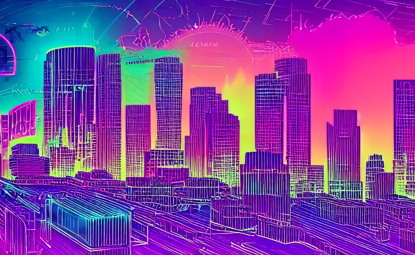 Image similar to beautiful synthwave city in an oscilloscope