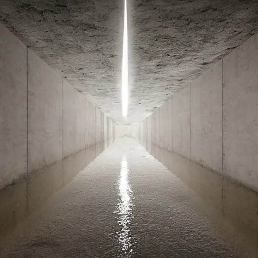 Prompt: underground flooded concrete structure, minimalist architecture, surreal, liminal space, angled walls, high ceiling,