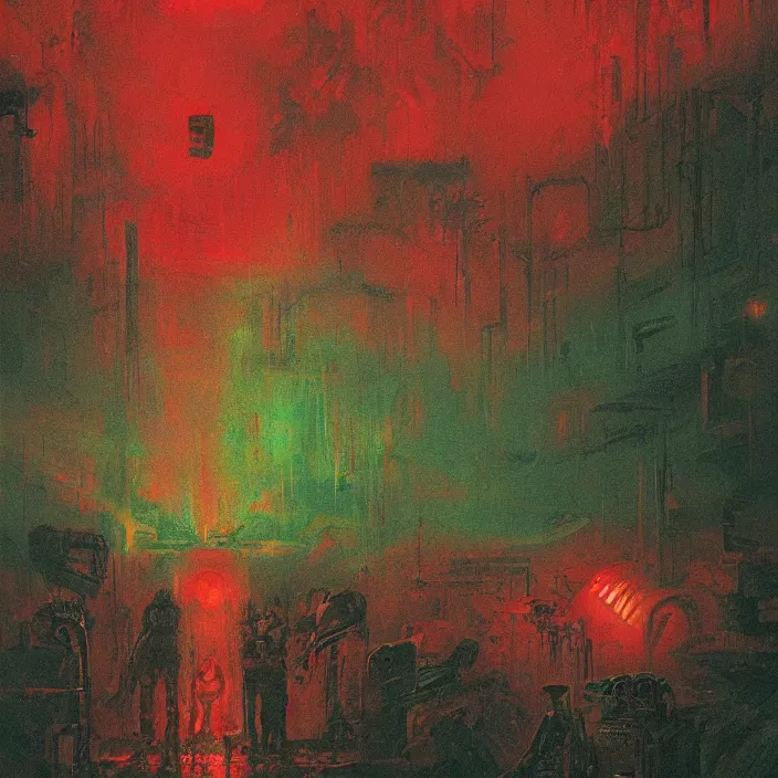 Prompt: blind endless disappointment of crying souls in crack of humanity dissolution, red and green palette, volume light, fog, by ( h. r. giger ) and paul lehr