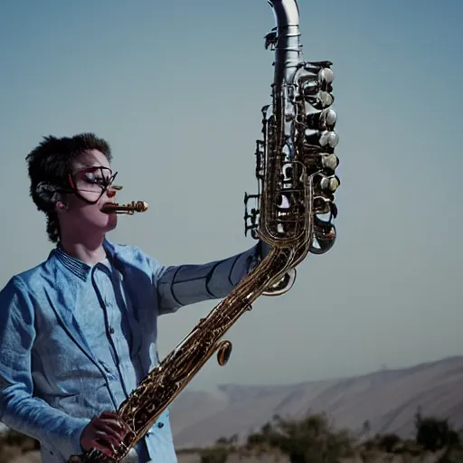 Prompt: metal cyborg playing saxophone in the desert, 8 k, movie still