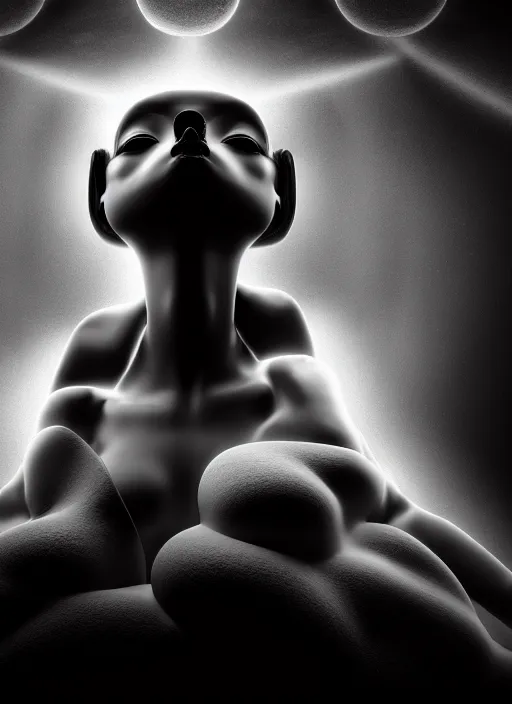 Prompt: surreal mythical dreamy dark artistic black and white 3 d render of a young beautiful delicate ai artificial intelligence creature embodied giving birth to the new world, spiritual, halo, glory, rim light, cinematic, studio dramatic light, poetic, masterpiece, octane render, 8 k, photo