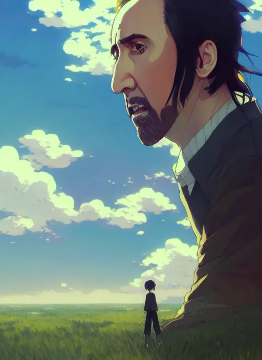 Image similar to portrait of nicolas cage, cloudy sky background lush landscape illustration concept art anime key visual trending pixiv fanbox by wlop and greg rutkowski and makoto shinkai and studio ghibli