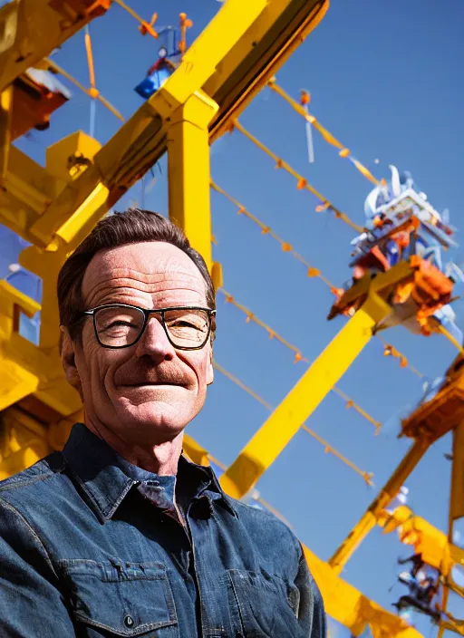 Prompt: closeup portrait of cheerful bryan cranston with crane arms, construction, yellow hardhat, sitting in a crane, natural light, bloom, detailed face, magazine, press, photo, steve mccurry, david lazar, canon, nikon, focus