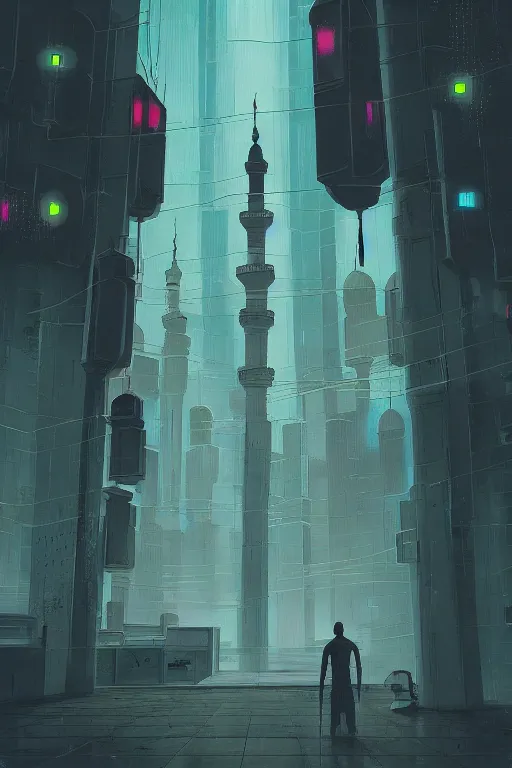 Image similar to painting of a mosque, cyberpunk style