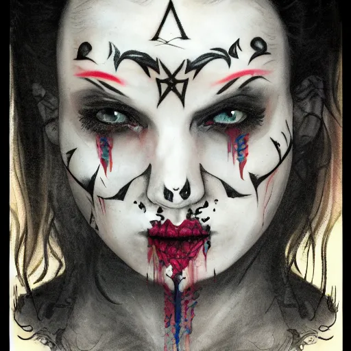 Image similar to A portrait of the character, Death, a young Goth girl with an elaborate facial tattoo of an Ankh