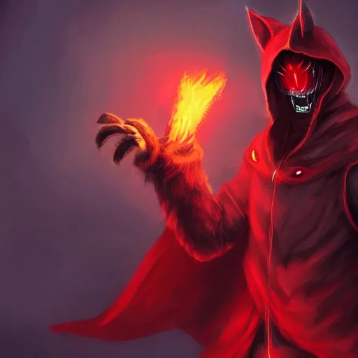 Prompt: cat Berserker, red glowing eyes, in magic armor, wearing red hoodie and torn cape, magic gathered in his chest, fire in background, D&D, fantasy, cinematic