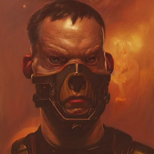 Image similar to portrait of heavy armoured doomguy in disco elysium, by alexander mcqueen, by roberto ferri, by tom bagshaw, by j. c. leyendecker and klimt, by austin osman spare, highly detailed oil painting, very intricate, cinematic lighting, award - winning, american romanticism, artstation, cgsociety, official art, octane