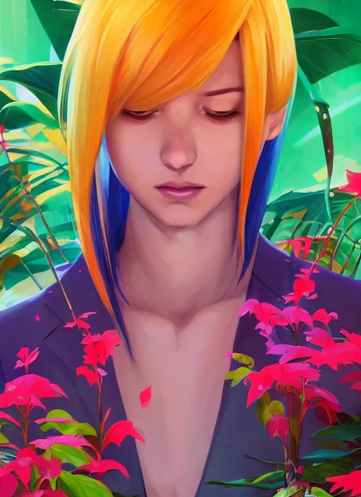 Prompt: symmetry!! samus surrounded by colorful plants, upper body face shot, long straight blonde hair, visible face : : portrait, painting, splash, jesper ejsing, by rhads, makoto shinkai and lois van baarle, ilya kuvshinov, ross tran, borderlands artworks in 4 k