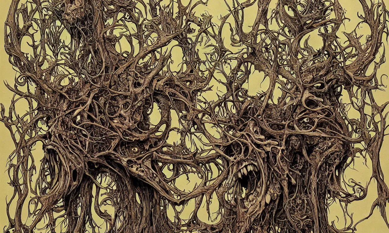 Image similar to hyperdetailed art nouveau portrait of treebeard as a cthulhu eyeball moose skull wendigo cryptid monster, by geof darrow, simon bisley and bill sienkiewicz, grim yet sparkling atmosphere, photorealism, claws, skeleton, antlers, fangs, forest, wild, bizarre, scary, lynn varley, lovern kindzierski, steve oliff