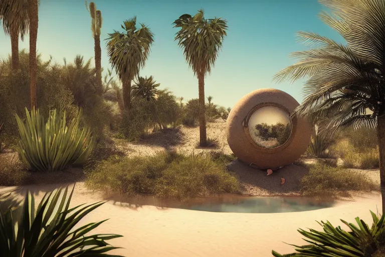 Image similar to perfume bottle buried in oasis in the middle of a desert, dramatic, small pond middle frame, palm trees, bushes, mid day, sand dune background, large scale, hyperrealistic, lots of detail, realistic lighting, octane render, by wlop, artgerm, trending on artstation