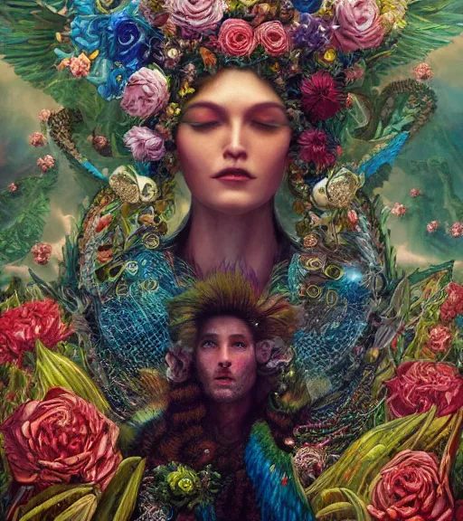 Image similar to portrait of quetzalcoatl, surrounded by flowers by karol bak, moebius, tom bagshaw, rococo, trending on artstation, cinematic lighting, hyper realism, octane render, 8 k, hyper detailed, ink by dave gibbons