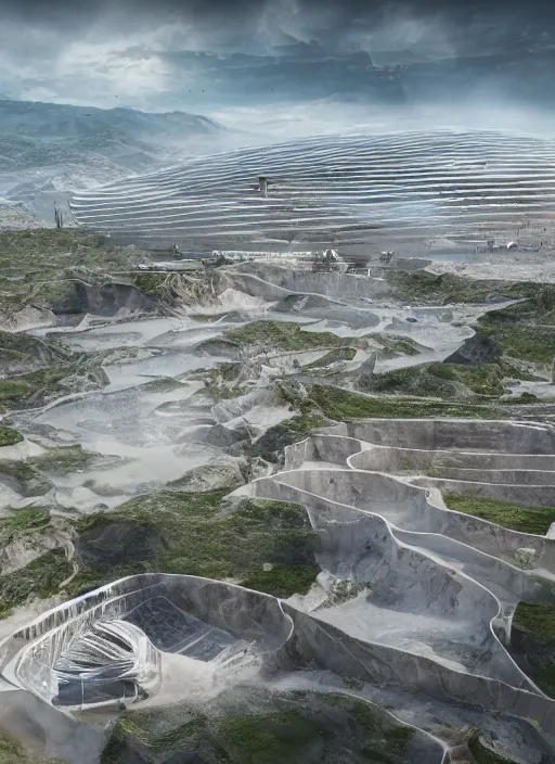 Image similar to techno chuquicamata bioremediation white mining tailing futuristic horizontal architecture, epic, cinematic, hyperealistic, high detailed, corona render, hdr, ray tracing