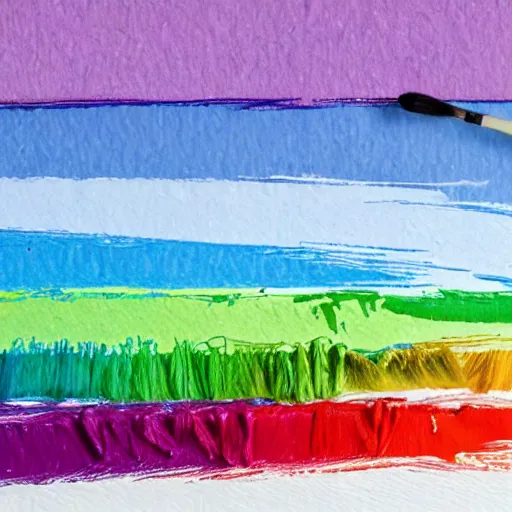 Prompt: a paintbrush paints a perfect rainbow on a canvas