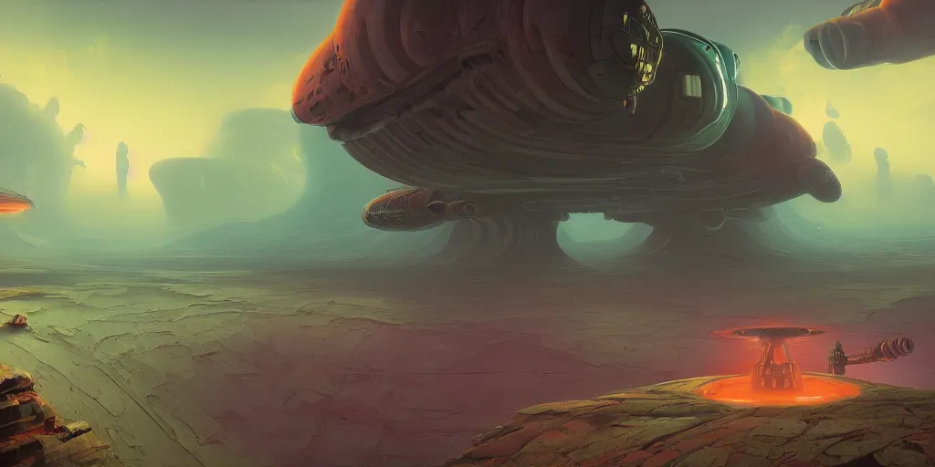 Image similar to look on my works ye mighty and despair, a highly detailed cinematic oil painting by roger dean and alena aenami, crashed spaceship!!, dynamic lighting