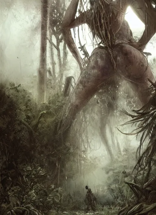 Image similar to low angle shot of a tribal woman from behind, in front of a rotten post apocalyptic aircraft carrier on the ground overgrown with vegetation, rain forest, by Luis Royo, by Greg Rutkowski, dark, gritty, intricate, backlit, strong rim light, cover illustration, concept art, volumetric lighting, volumetric atmosphere, sharp focus, octane render, trending on artstation, 8k